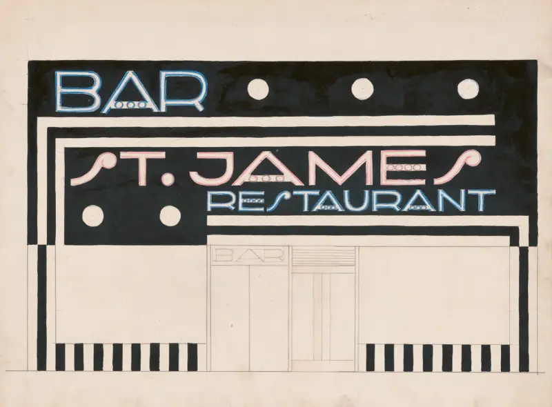Designs and photographs for alterations to St. James Bar Restaurant, W. 181st St. and Broadway, New York, NY.] [Incomplete study of exterior elevation av Winold Reiss