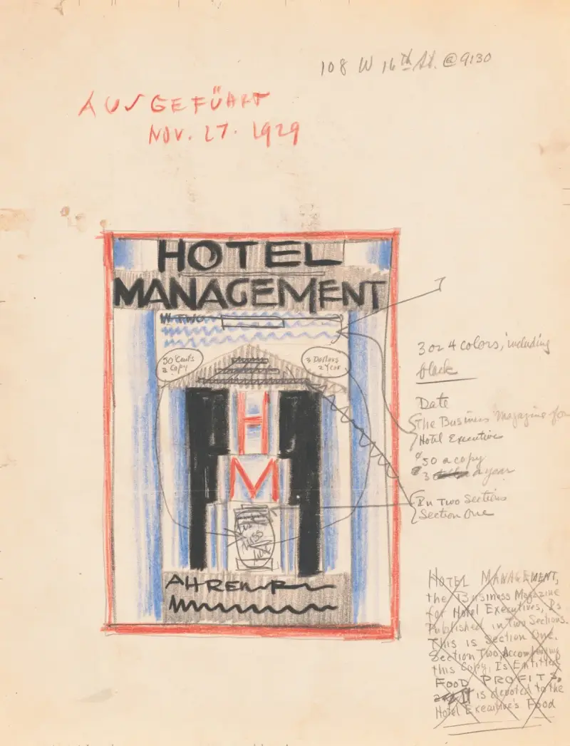 Designförslag till omslag för Hotel Management Magazine av Winold Reiss