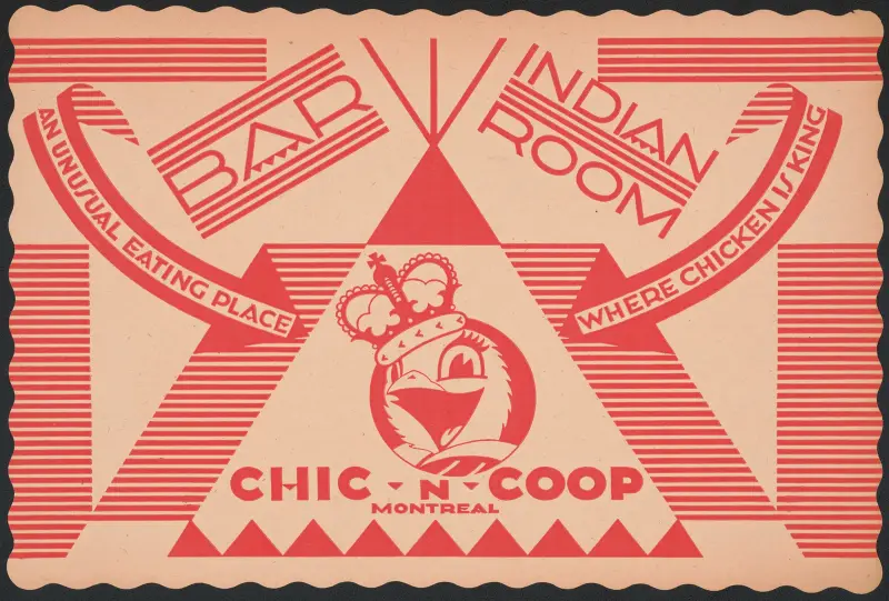 Designs for Indian Room, Chic-n-Coop Restaurant, Montreal, Canada.] [Placemat design with chicken character wearing crown av Winold Reiss