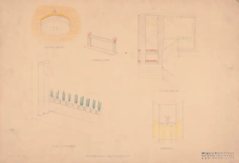 Designs for interior of Shoreham Restaurant. Perspectives and elevations for ceiling lamp, show window, window sign, staircase, and screen renderings av Winold Reiss