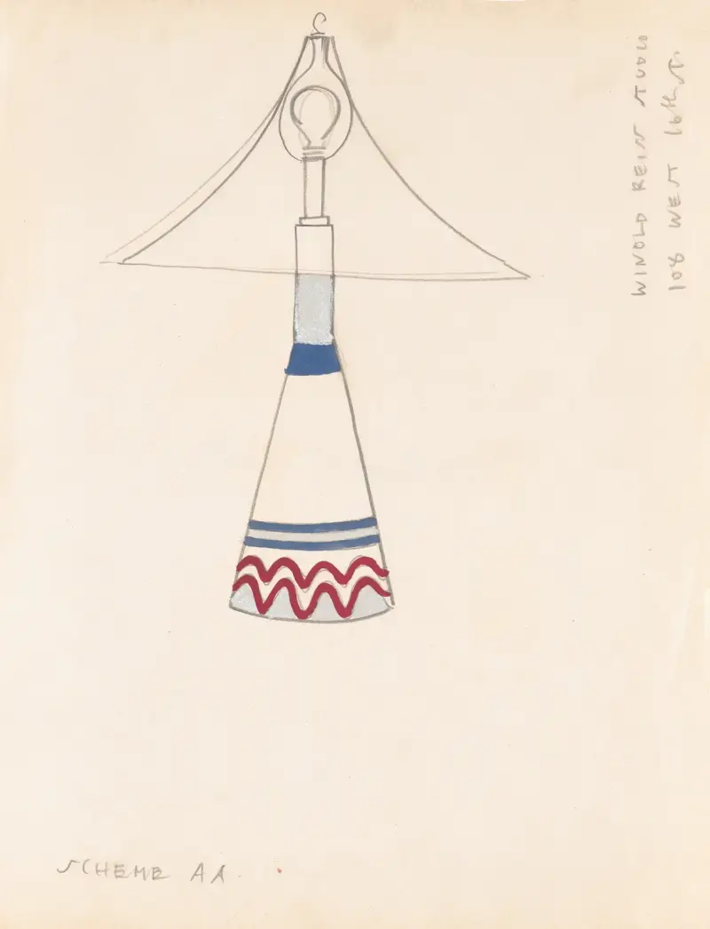 Designs for lamps with triangular shades.] [Design with white, red, and metallic silver av Winold Reiss