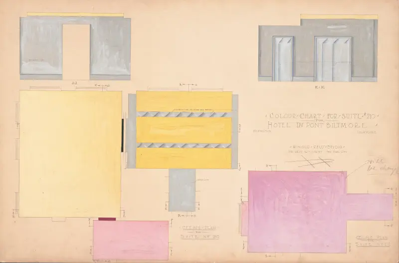 Designs for Modern Hotel Suite, Du Pont Biltmore Hotel, Wilmington, Delaware.] Colour chart for Suite 210 av Winold Reiss