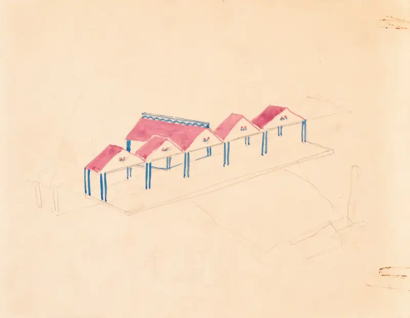 Designs for roadhouse or terrace restaurant. Perspective elevation showing terrace av Winold Reiss