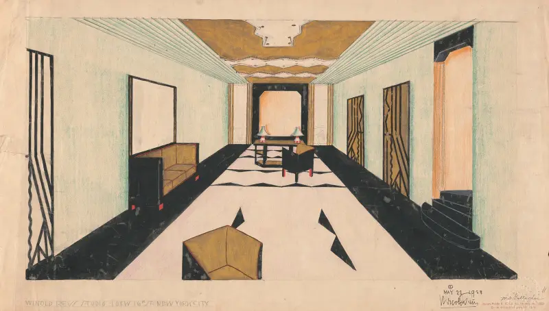 Designs for Shellball Apartments, 8300 Talbot St. at Lefferts Blvd., Kew Gardens, New York, NY.] [Perspective drawing of lobby av Winold Reiss