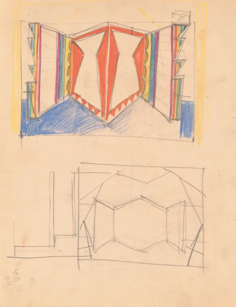Designs for staged commercial or trade exhibition displays of coal-fired water heaters and furniture.] [Perspective sketch in orange with rainbow edges av Winold Reiss
