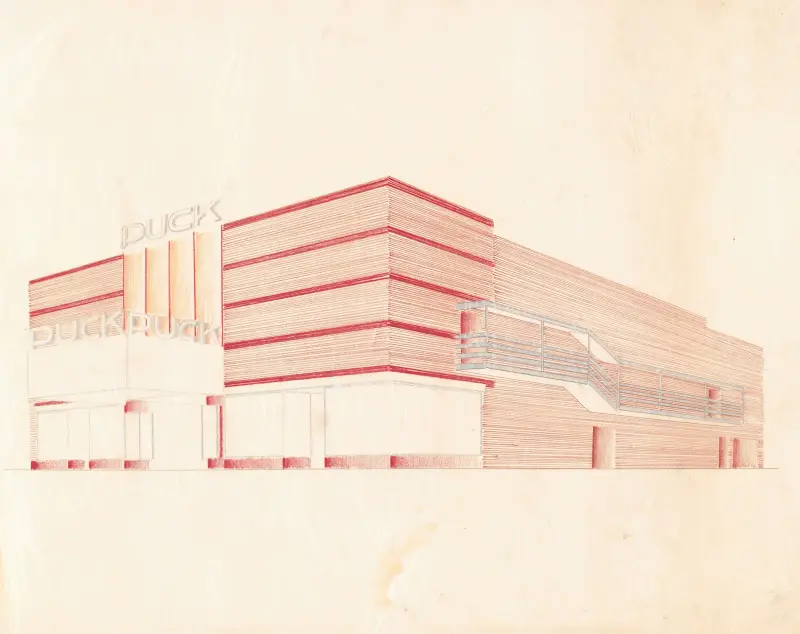 Designs for the Puck Theater (later Elgin Movie Theater, then Joyce Movie Theater), New York, NY.] [Exterior perspective study., 1941 – nr 2 av Winold Reiss