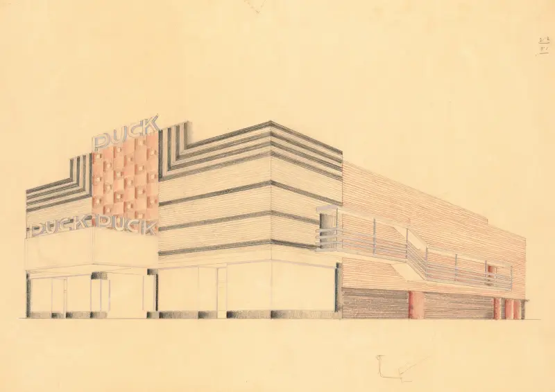 Designs for the Puck Theater (later Elgin Movie Theater, then Joyce Movie Theater), New York, NY.] [Exterior perspective study, 1941 – nr 4 av Winold Reiss