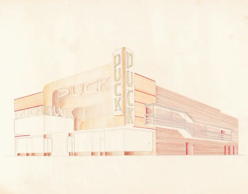 Förslag till Puck Theater (senare Elgin Movie Theater, därefter Joyce Movie Theater), New York, NY. Exteriör perspektivstudie, 1941 – nr 1 av Winold Reiss