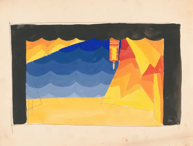 Designs for theater with black-framed proscenium and boldly colored settings.] [Study for stage light wall decoration, possibly for Caf ̌Crillon (277 Park Avenue)… av Winold Reiss