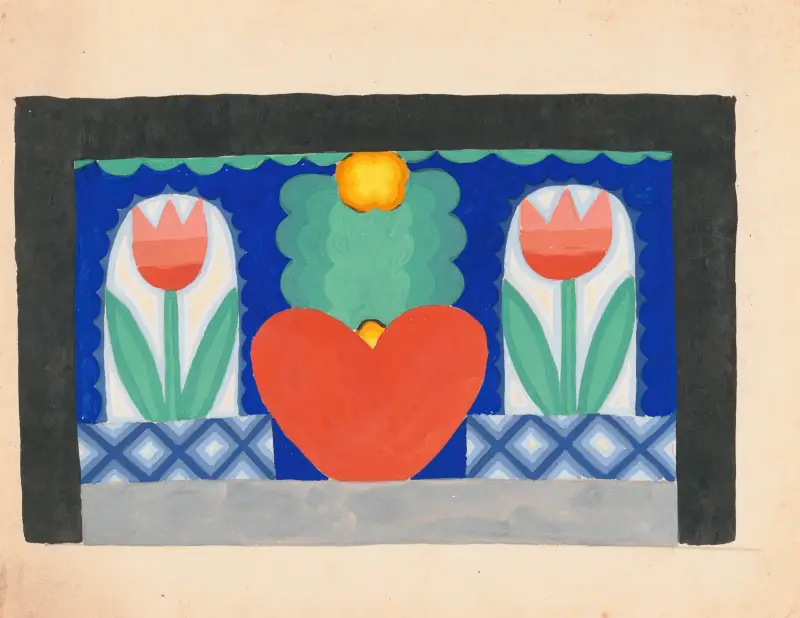 [Designs for theater with black-framed proscenium and boldly colored settings.] [Study for stage light wall decoration, possibly for Caf ̌Crillon (277 Park Avenue) av Winold Reiss