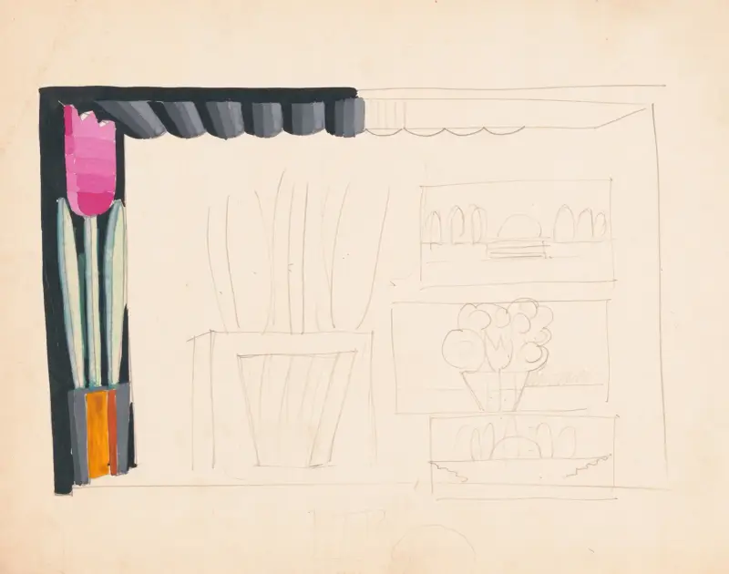 Designs for theater with black-framed proscenium and boldly colored settings.] [Study for stage light wall decoration, possibly for Caf ̌Crillon (277 Park Avenue) …. av Winold Reiss