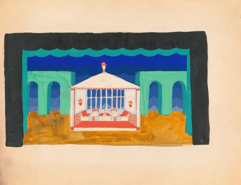 Designs for theater with black-framed proscenium and boldly colored settings.] [Study for stage light wall decoration, Caf ̌Crillon (277 Park Avenue) av Winold Reiss