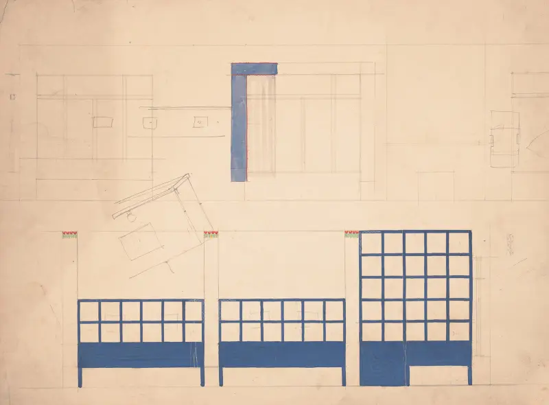 Designs for unidentified restaurant interior, possibly Elysée restaurant, 1 East 56th St., New York, NY.] [Drawing of restaurant details av Winold Reiss