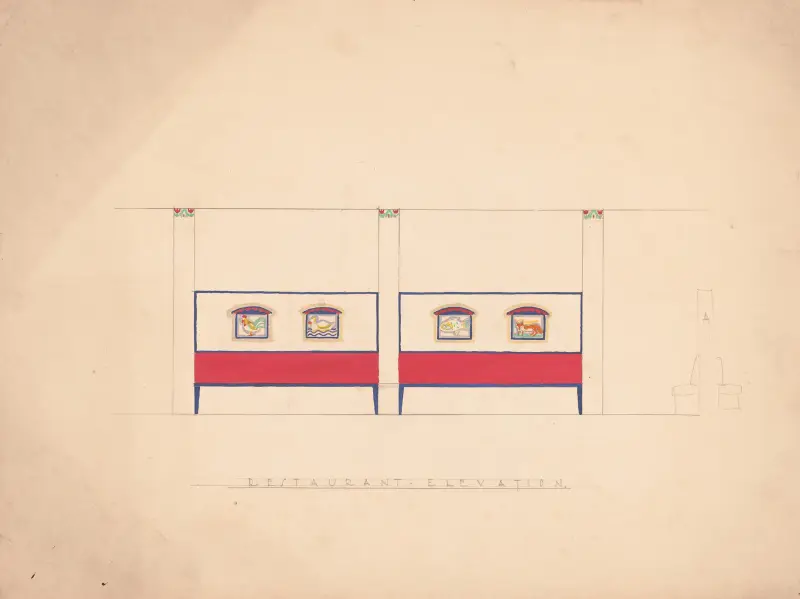 Designs for unidentified restaurant interior, possibly Elysée restaurant, 1 East 56th St., New York, NY.] [Drawing of restaurant interior elevations av Winold Reiss