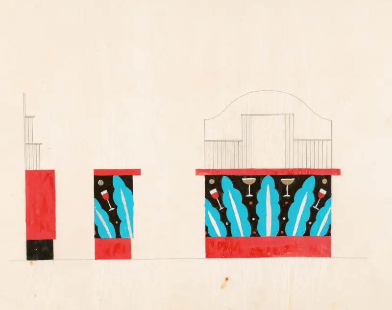Designs for unidentified restaurant or bar interiors.] [Color study of bar, showing elevations with turquoise and vermillion decorations with tropical theme, no. 1 av Winold Reiss