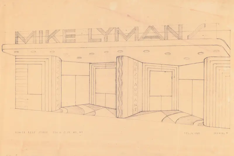 Ritningar för föreslagna dekorationer av Mike Lymans restaurang, 424 W. Sixth St. Los Angeles, CA. Perspektiv av entré av Winold Reiss