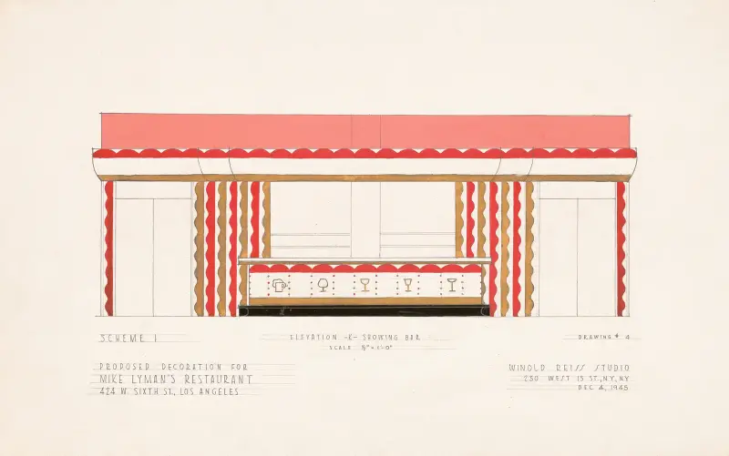 Drawings for proposed decorations of Mike Lyman’s Restaurant, 424 W. Sixth St. Los Angeles, CA.] [Scheme 1; elevation – K – showing bar av Winold Reiss