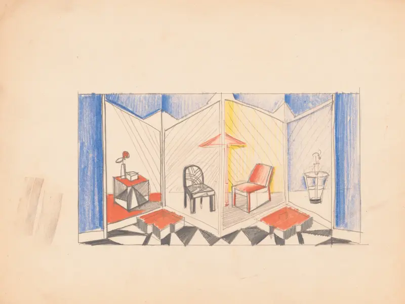 Exhibit design with stage in form of folding screen.] [Sketch of exhibit with modern chairs and tables av Winold Reiss
