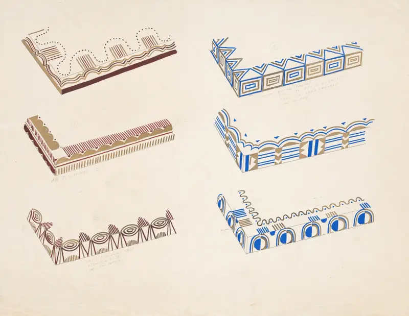 Graphic design drawings for Barricini Candy packages.] [3-D Study for 6 rectangular boxes (2 sides partially shown) av Winold Reiss
