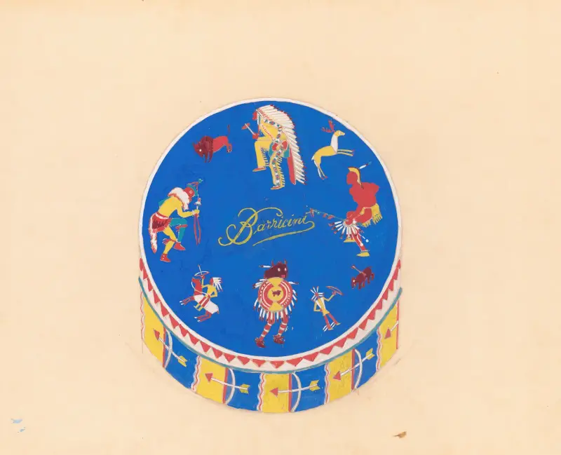 Graphic design drawings for Barricini Candy packages.] [3-D Study, circular candy box with Indian motif on blue background av Winold Reiss