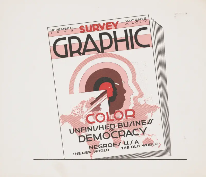 Graphic design for cover of Survey Graphic Magazine; ‘Color, Unfinished Business of Democracy’.] [Design with map of Earth and human faces av Winold Reiss