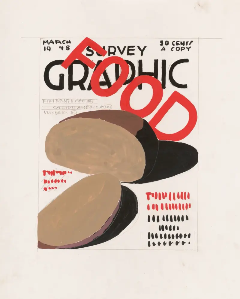 Graphic design for cover of Survey Graphic Magazine; ‘Food’.] [Design with text and food items av Winold Reiss