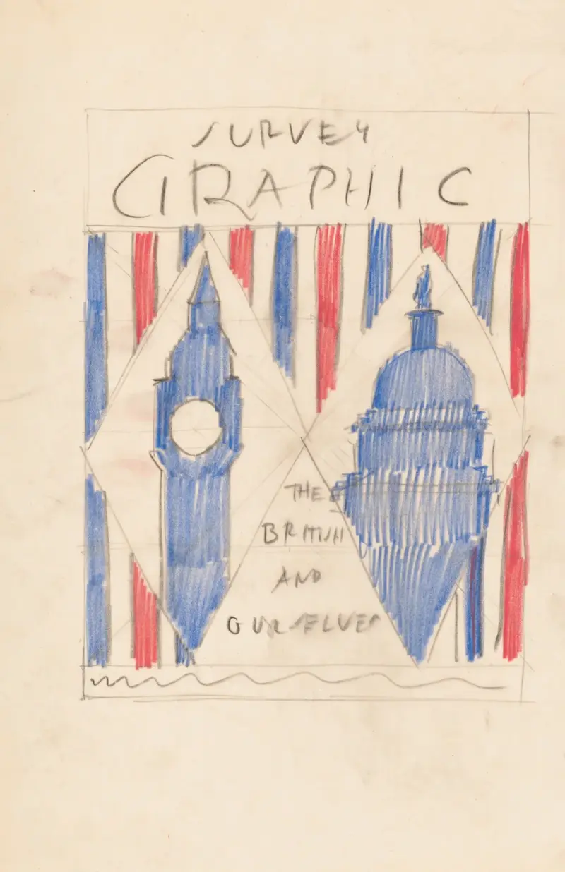 Grafische Gestaltung für das Cover des Survey Graphic Magazine; ‚The British and Ourselves'] [Zeichnung mit dem britischen Parlament und dem US-Kapitol von Winold Reiss