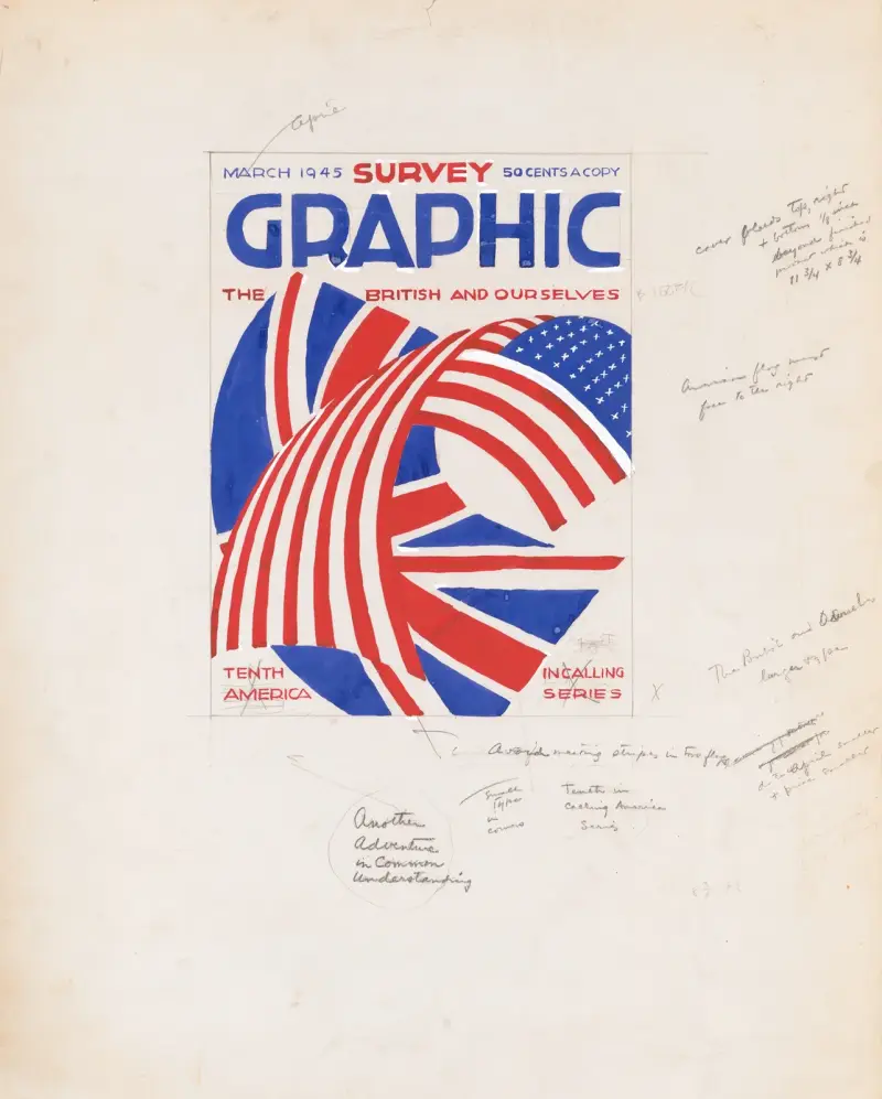 Grafisk form för omslaget till Survey Graphic Magazine; 'The British and Ourselves' av Winold Reiss