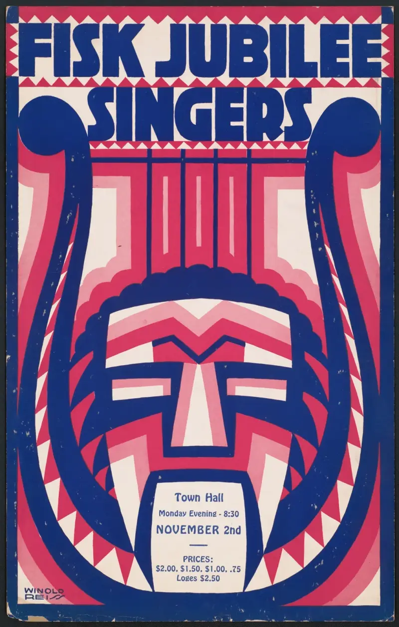Graphic design for Fisk Jubilee Singers.] [Concert poster with harp and mask motif av Winold Reiss