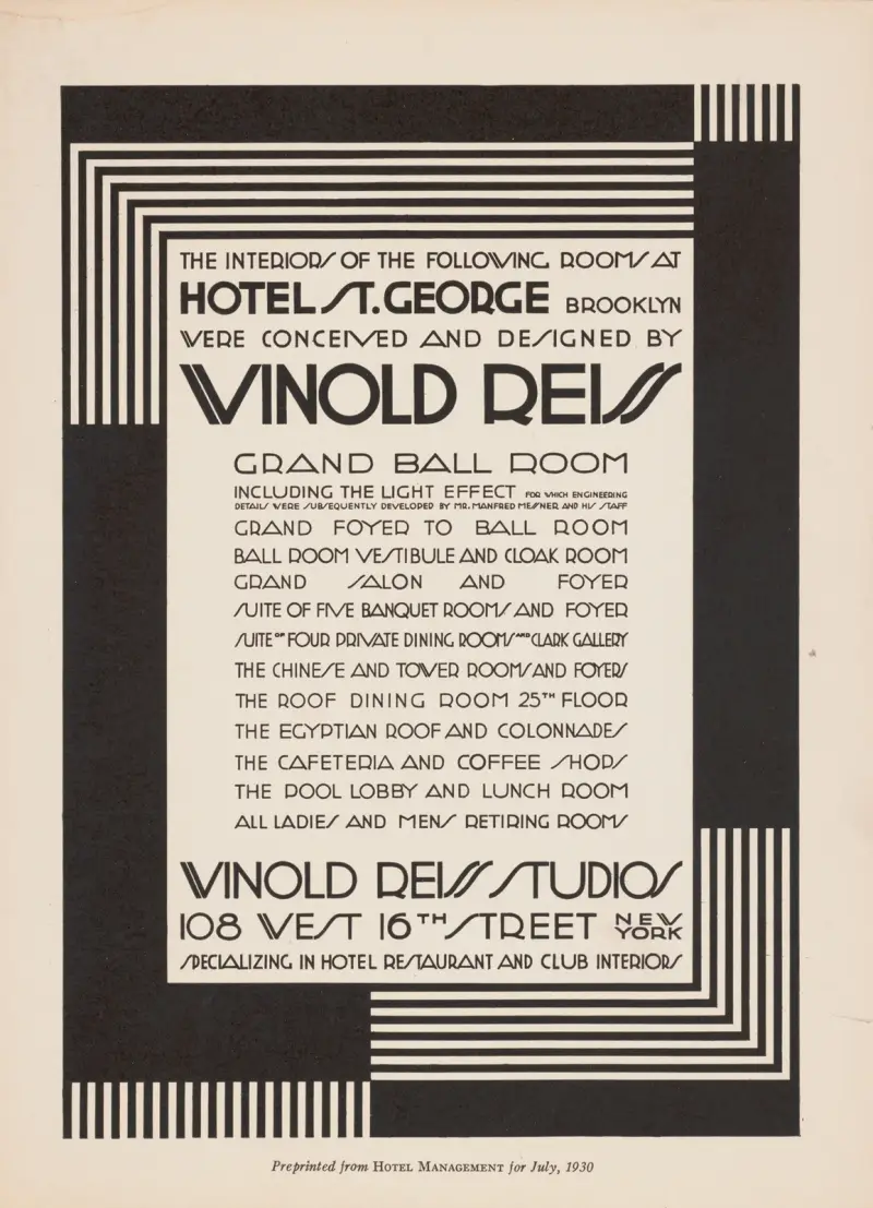 Graphic design for St. George Hotel advertisement in Hotel Management Magazine. av Winold Reiss