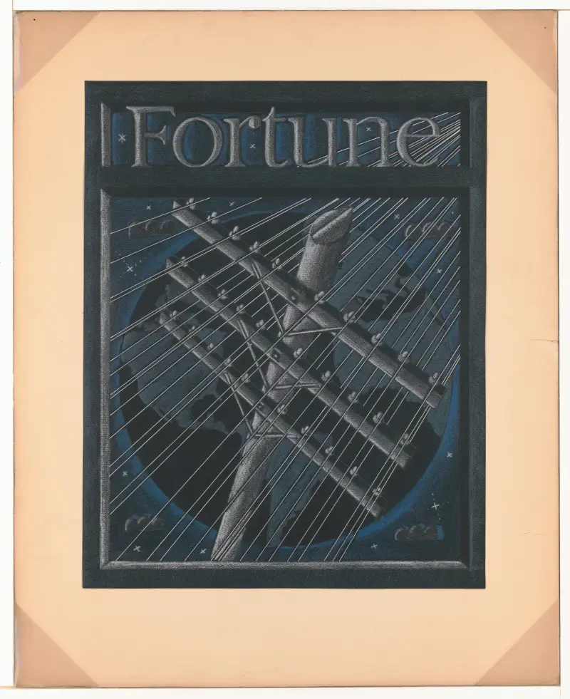 Graphic designs for Fortune magazine.] [Study for cover with large telephone lines superimposed over the globe av Winold Reiss