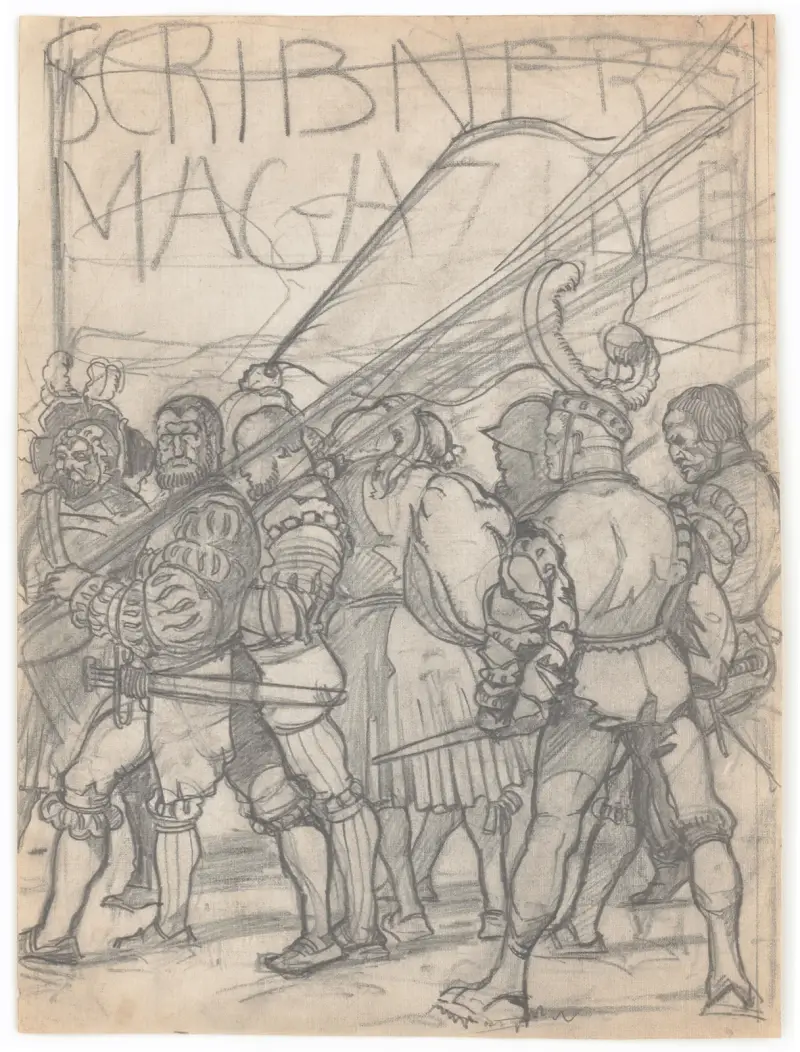 Graphic designs for Scribner’s Magazine cover, Medieval Festival theme. Drawing of men with medieval clothing and weapons, including Scribner’s logo av Winold Reiss
