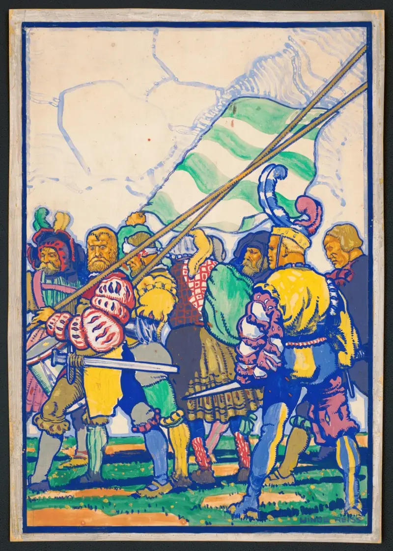 Graphic designs for Scribner’s Magazine cover, Medieval Festival theme.] [Colored drawing of men with medieval clothing and weapons av Winold Reiss
