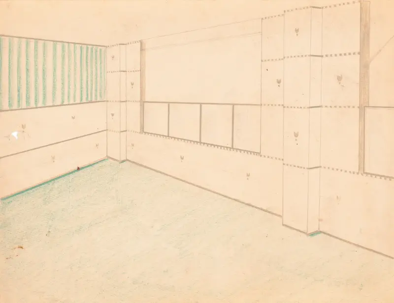 Interior design drawings for unidentified rooms.] [Sketch for interior with green coloring and floral pattern on wall av Winold Reiss