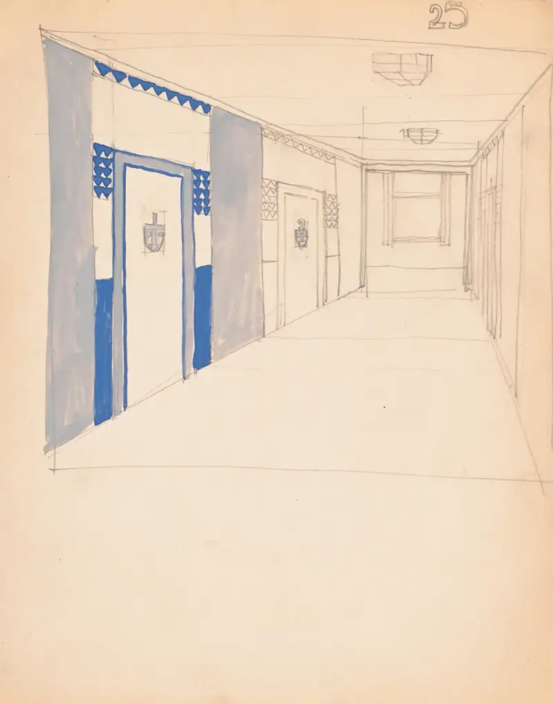 Interiörskisser för Alamac Hotel, 71st och Broadway, New York, NY.] [Ofullständigt interiörperspektiv av en korridor av Winold Reiss