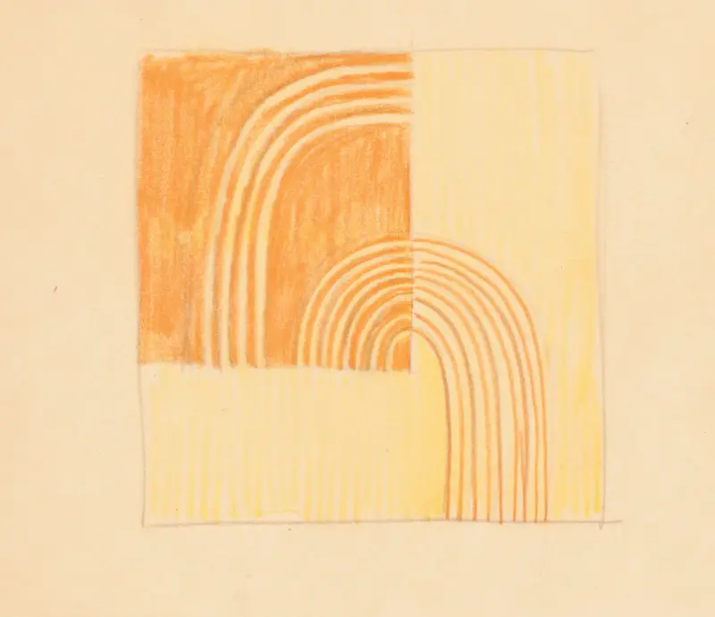 Diverse små skisser för intarsia i bordskskivor.] [Design med orange och gult geometriskt motiv av Winold Reiss