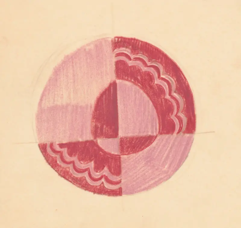 Miscellaneous small sketches for inlaid table tops.] [Design with red and pink circular motif av Winold Reiss
