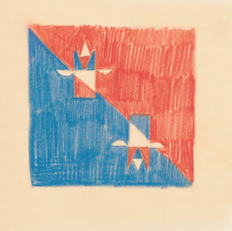 Miscellaneous small sketches for inlaid table tops.] [Design with red and blue cubic motif av Winold Reiss