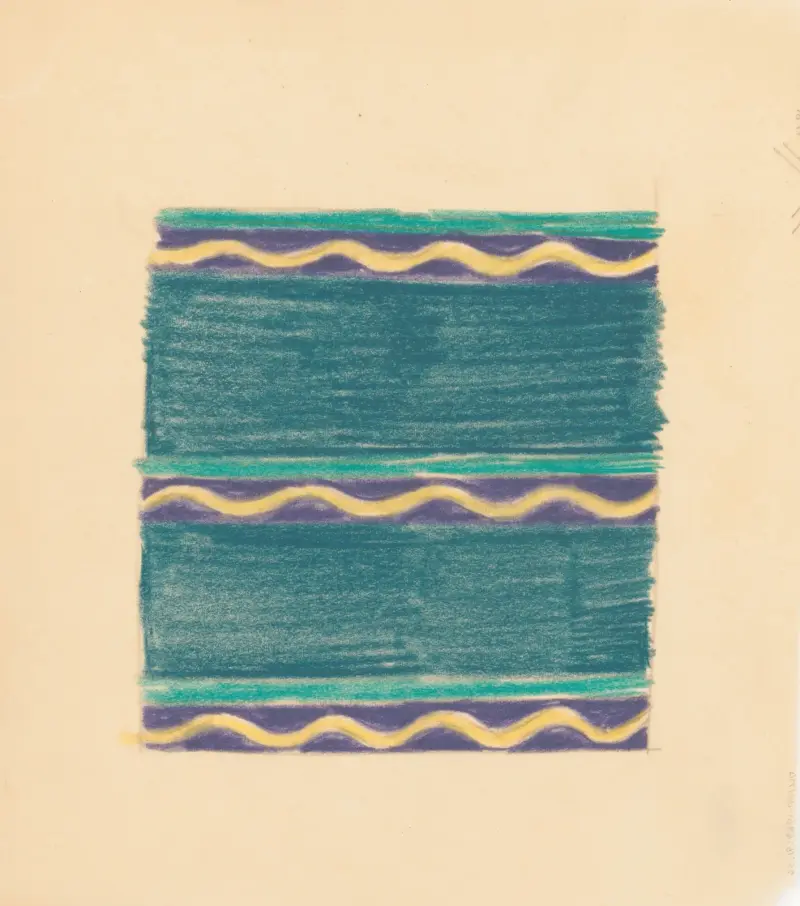 Miscellaneous small sketches for inlaid table tops.] [Design with green lines and yellow wave motif av Winold Reiss