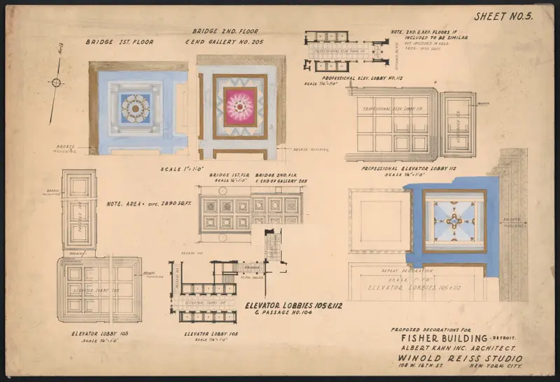 Proposed decorations for Fisher Building, Detroit.] [Bridge 1st floor.] [Bridge 2nd floor & end gallery no. 205.] [Elevator lobbies 105 & 112 av Winold Reiss