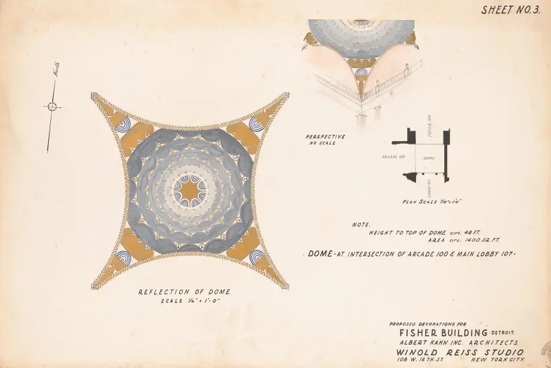 Proposed decorations for Fisher Building, Detroit, MI.] [Sheet No. 3, Dome at intersection of arcade 100 and Main Lobby 107 av Winold Reiss