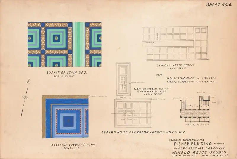 Projekty dekoracji dla Fisher Building w Detroit] [Podniebienie schodów nr 2] [Lobby windykacyjne 202 i 302, Winold Reiss