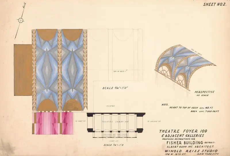 Projekt dekoracji dla Fisher Building w Detroit. [Foyer teatru 109 i sąsiednie galerie], Winold Reiss