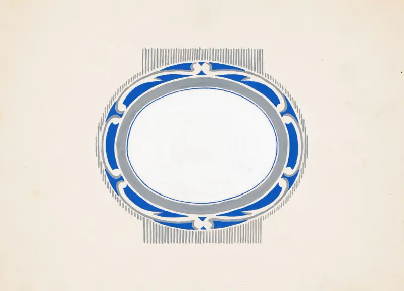 Skizze für ein ovales Medaillon und das blau-silberne Logo von Ruppert Beer von Winold Reiss