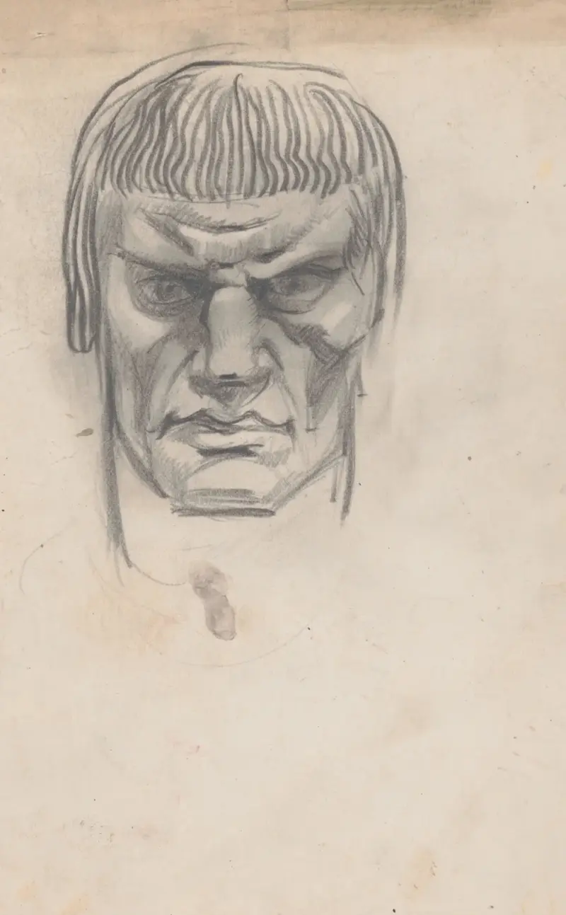 Sketches and drawings related to ‘Der Soldat in der deutschen Vergangenheit’, by George Liebe. Study of head of knight, full face av Winold Reiss