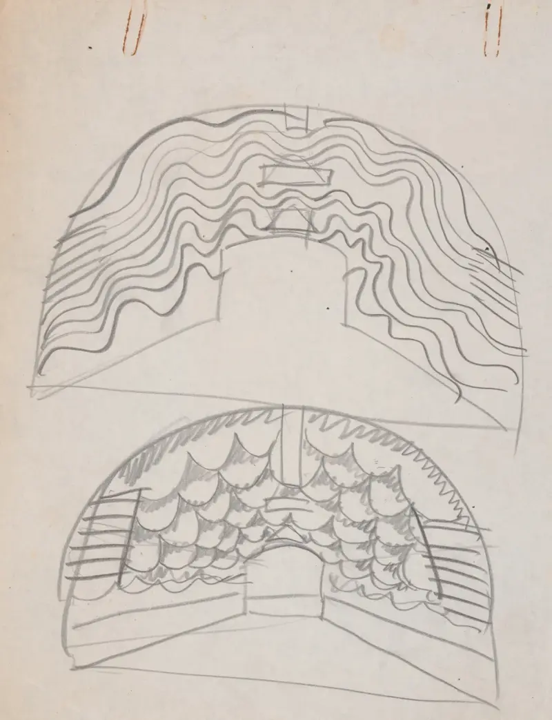 Suggested treatments of Auditorium for Theatre and Concert Hall, New York World’s Fair 1939. Sketch for unlettered scheme, for proscenium av Winold Reiss