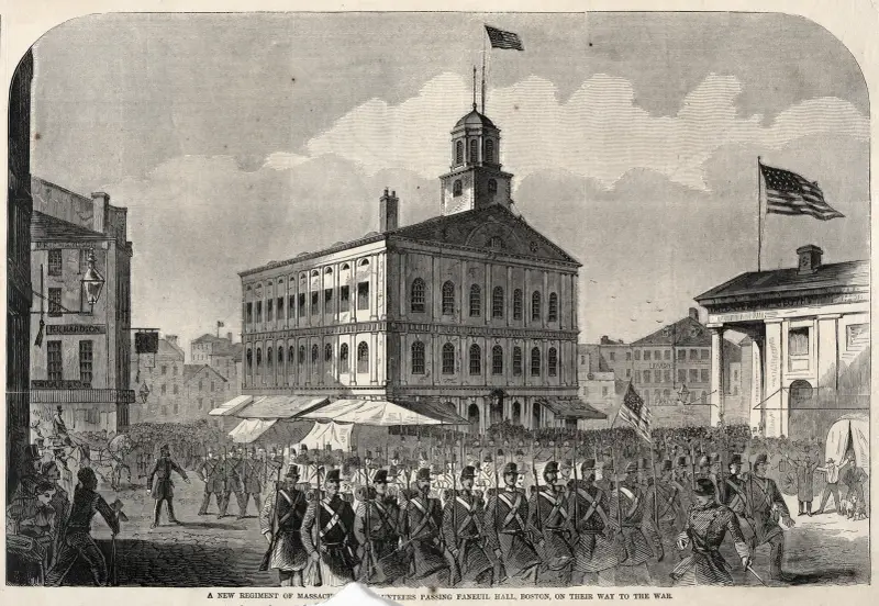 A New Regiment of Massachusetts Volunteers passing Faneuil Hall, Boston, on their way to War av Winslow Homer