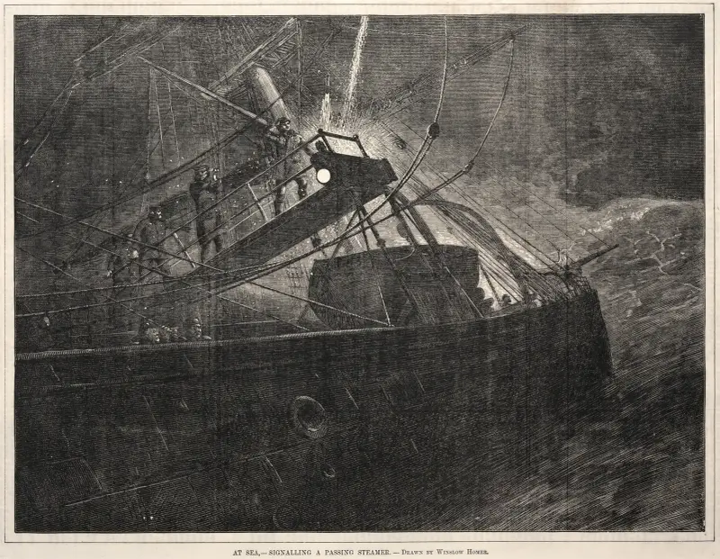 At Sea, Signalling a Passing Steamer av Winslow Homer