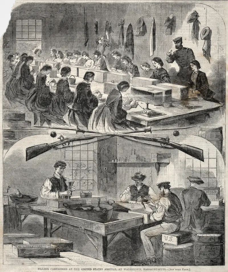Filling Cartridges at the United States Arsenal, at Watertown, Massachusetts av Winslow Homer