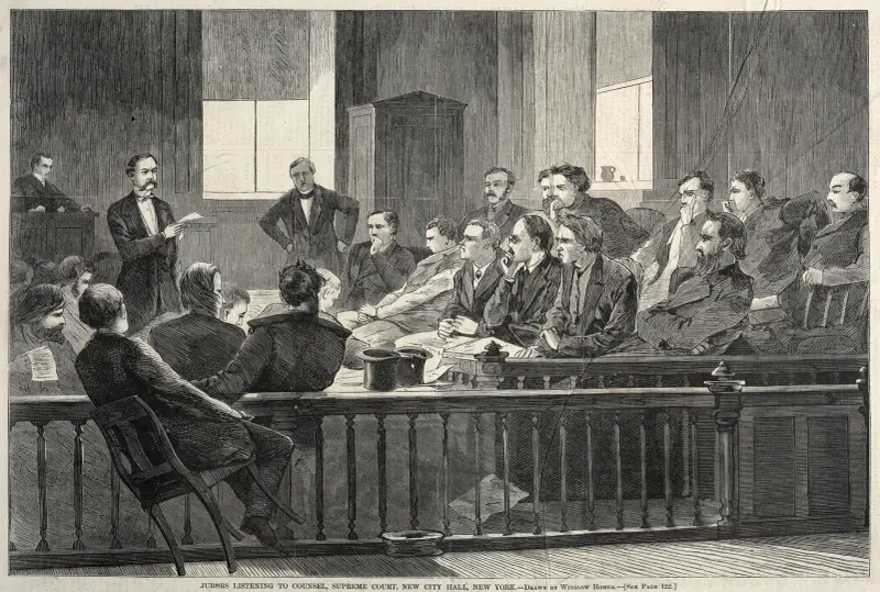 Jurors Listening to Counsel, Supreme Court, New City Hall, New York av Winslow Homer